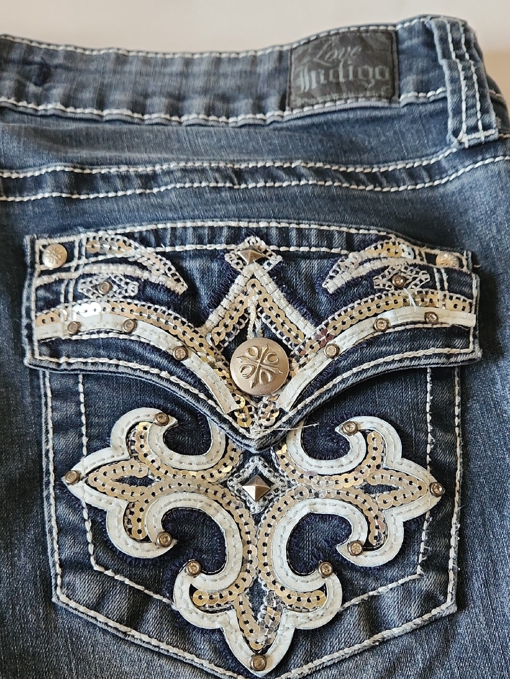Indigo Dark Blue Women's Jeans with Silver Sequin Embellished Pocket